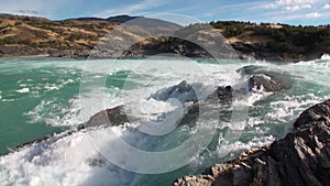 Rapids of mountain river show power water in Patagonia Argentina.