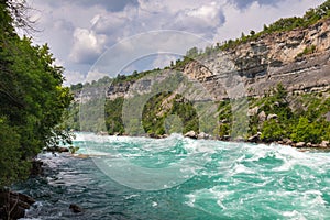 Rapids in the Niagara River near the so called whirlpool at the nagar falls. The river winds through the high gorges with immense