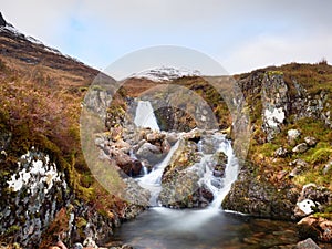 Rapids in small waterfall on stream, Higland in Scotland an early spring day. Snowy mountain peaks photo