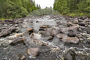 At the rapids, water quickly runs between the stones