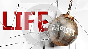 Rapists and life - pictured as a word Rapists and a wreck ball to symbolize that Rapists can have bad effect and can destroy life
