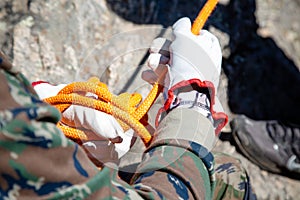 Rappelling rope in the mountains.