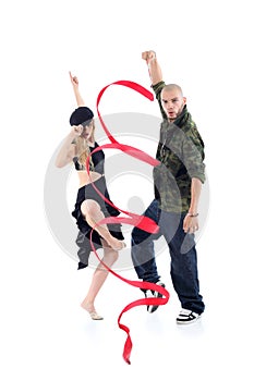 Rapper with ribbon and gymnast girl in dance