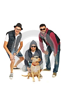 Rappers band with pitbull dog