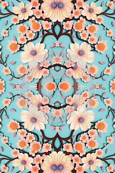 Rapport mirror of tree branches with orange flowers with texture and blue background. Generative AI photo