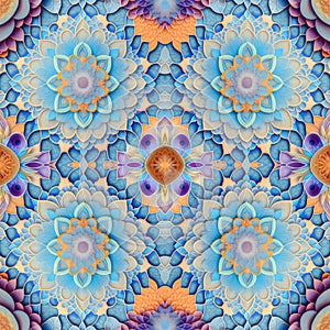 Rapport seamless of beautiful flowers with relief for pattern in blue background. Generative AI. Pattern mirrored repeat photo