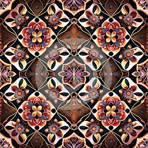 Rapport seamless board brown with flowers for pattern. Generative AI. Pattern mirrored repeat duplicates background photo