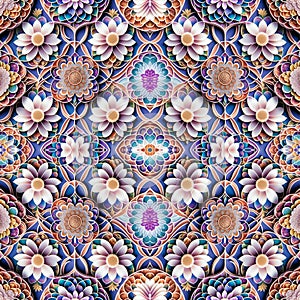 Rapport seamless of flowers with relief for pattern. Generative AI. Pattern mirrored repeat duplicates background photo