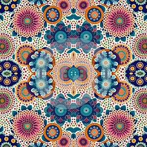 Rapport seamless of mosaic of flowers multicolor tapestry pattern. Generative AI. Pattern mirrored repeat duplicates background photo
