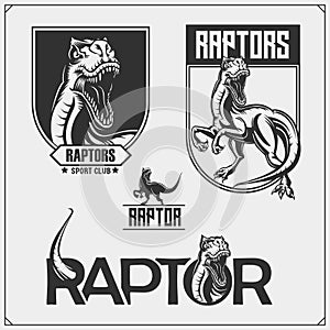 Raptor dinosaur mascot. Raptor emblems and logos for sport-club. Print design for t-shirt.