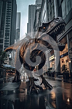 The raptor dinosaur walks the streets of the city and scares the inhabitants, a big and scary predator,generative AI.