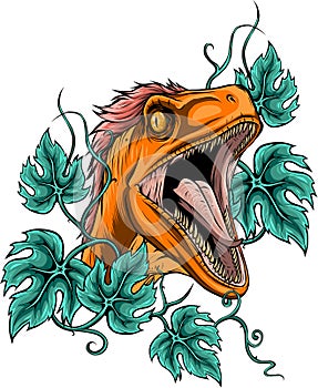 vector illustration of raptor head with leaves