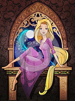 Rapunzel fairy tale character sitting in front of the window