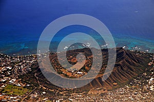 Rare Aerial view of Diamond Head extinct volcanic crater in Hawaii, USA