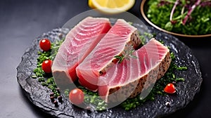 Rare ahi tuna steak slices with fresh herbs. Generative AI