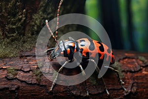 a rare beetle crawling on a tree bark pattern
