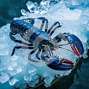 Rare blue lobster is placed on ice to preserve the food.