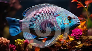 Rare blue pink shiny fish species in ocean, marine inhabitants among the corals, exotic aquarium