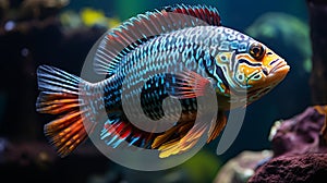 Rare blue yellow fish species in the ocean , marine inhabitants among the corals, exotic aquarium