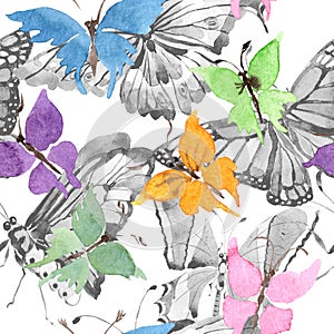 Rare butterflies wild insect in a watercolor style. Seamless background pattern. Fabric wallpaper print texture.