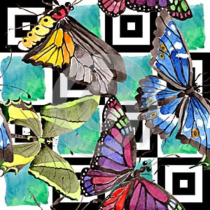 Rare butterflies wild insect in a watercolor style. Seamless background pattern. Fabric wallpaper print texture.