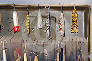 Rare Collection Of Old Fishing Lures Hanging on Tacklebox