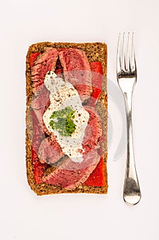 Rare Cooked Beef Steak And Red Pepper Open Face Sandwich With Ho