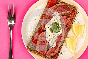 Rare Cooked Beef Steak And Red Pepper Open Face Sandwich With Ho