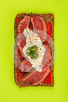 Rare Cooked Beef Steak And Red Pepper Open Face Sandwich With Ho