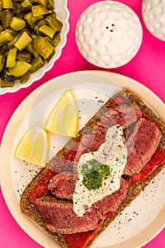 Rare Cooked Beef Steak And Red Pepper Open Face Sandwich With Ho