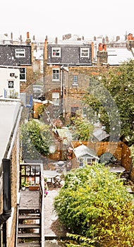 Rare garden of London suburb in snowy winter day