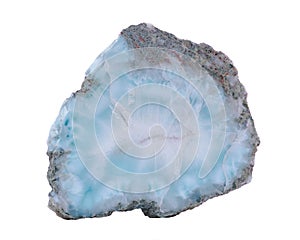 Rare Large Caribbean Blue Larimar Free Form Specimen from Dominican Republic, isolated on white. Pectolite mineral clas