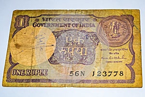 Rare Old Indian One rupee currency note on white background, Government of India one rupee old banknote Indian currency, Old