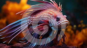 Rare pink striped fish species in ocean, marine inhabitants among the corals, Exotic Aquarium