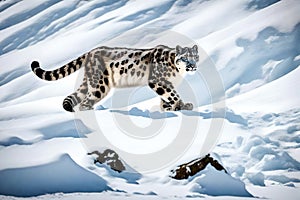 A rare sight of a snow leopard stealthily traversing a snow-covered Himalayan slope, its camouflage impeccable