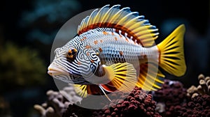 Rare silver yellow fish species in ocean, marine inhabitants among the corals, exotic aquarium