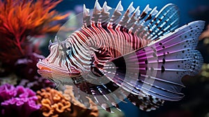 Rare striped fish species in ocean, marine inhabitants among the corals, Exotic Aquarium