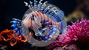 Rare striped fish species in the ocean , marine inhabitants among the corals, Exotic Aquarium