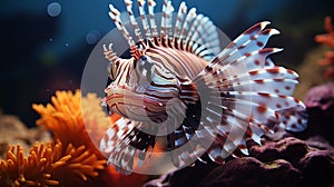 Rare striped spiny fish species in ocean, marine inhabitants among the corals, Exotic Aquarium