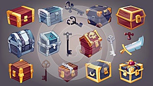Rare treasure chests and keys evolution, trophy trunks and skeleton keys, level bonus, pirate loot, fantasy assets photo