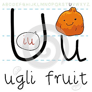 Rare Ugli Fruit Learning the Letter U of English Alphabet, Vector Illustration