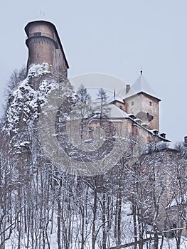 Rare view of Orava Castle in winter