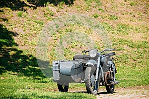 Rarity Three-Wheeled Motorcycle With Sidecar Of German Forces Of German Forces Of World War 2 Time Standing As An