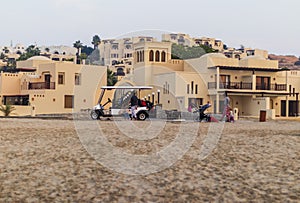 Ras Al Khaimah, UAE - 04.04.2022 - View of the beach and private villas at The Cove Rotana Resort. Holiday