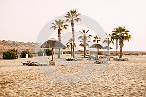 Ras Al Khaimah, UAE - April 2022 - Relaxing on the beach at The Cove Rotana Resort