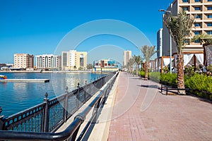 Ras Al Khaimah, UAE - January 3, 2018: Ras Al Khaimah during sunny day . View to beautiful bay with harbour in background