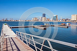 Ras Al Khaimah, UAE - January 3, 2018: Ras Al Khaimah during sunny day . View to beautiful bay with harbour in background