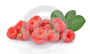 Rasberry and green leaf isolated on white background
