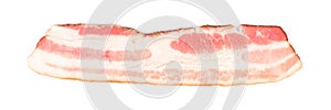 Rasher or sliced bacon ready for cooking. One piece of pork belly isolated on white background, close-up