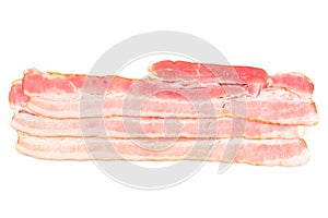 Rasher or smoked sliced bacon ready for cooking. Three pieces of pork belly, isolated on a white background, close-up